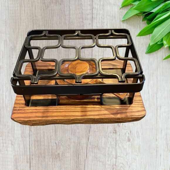 Vintage Spring Swiss Food Warmer Wrought Iron and Copper with Wooden Carved Bas - Picture 2 of 12